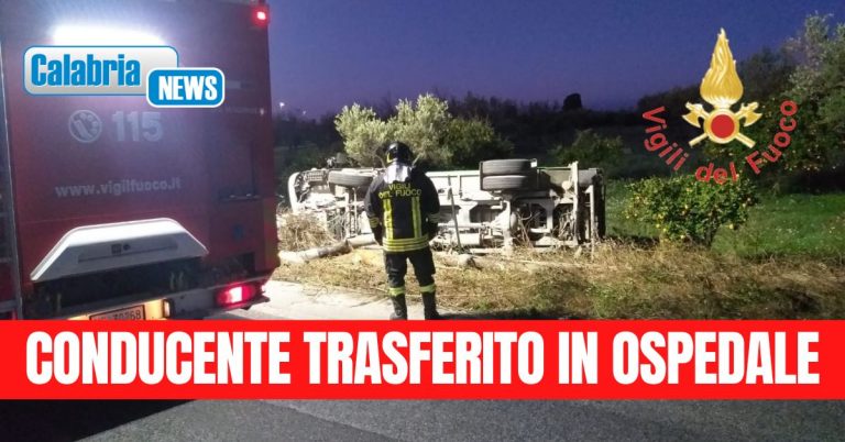 Sellia Marina: mezzo adibito al trasporto di rifiuti si ribalta e finisce fuori strada