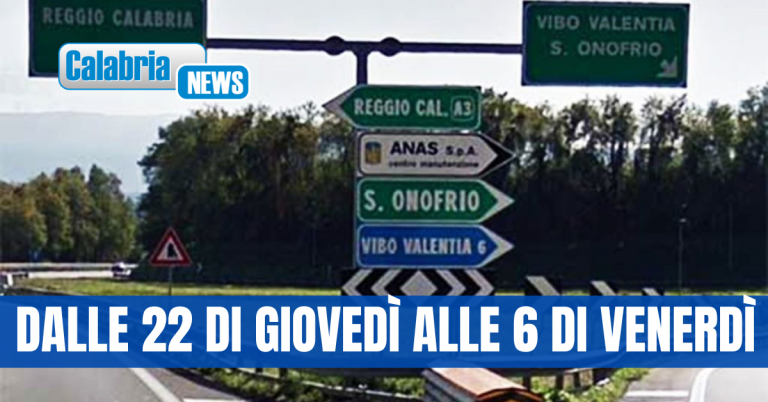 A2: chiusura notturna svincolo Vibo Valentia-Sant’Onofrio per interventi manutenzione Anas