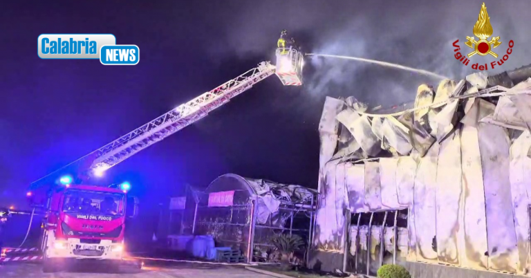 VIDEO-Incendio distrugge nel cosentino capannone per vendita attrezzature e accessori giardinaggio