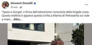 Donzelli pubblica foto scritta su muro: “‘Spara a Giorgia’ a firma Br, non ci fermeremo”