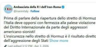 Iran, Teheran: “Riapertura Hormuz? Italia chieda stop aggressione Usa-Israele”