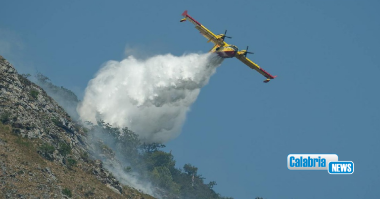 VIDEO-Vasto incendio tra Gizzeria e Falerna: distrutti ettari di vegetazione, 4 Canadair in azione